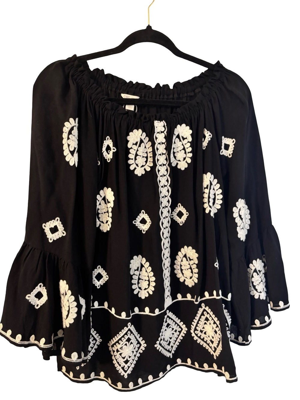 Cato Black Peasant Blouse with White Embroidery
